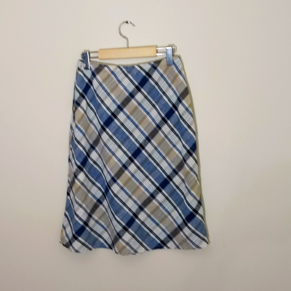 Profile| Blue and Tan Multicolored Plaid Flared Lightweight Midi Skirt - Picture 1 of 7